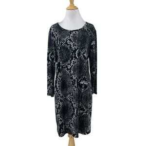 Michael Kors Dress Womens L Large Black Grey Snakeskin Print Long Sleeve Shift